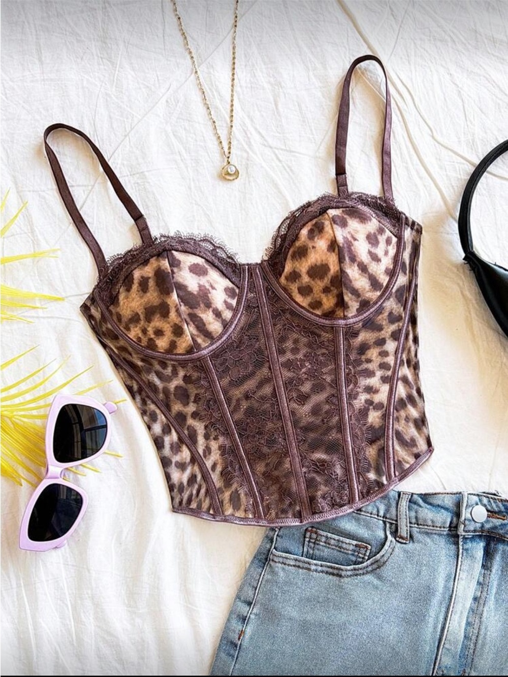 Leopard Print Lace Bustier Tank Top - Brown